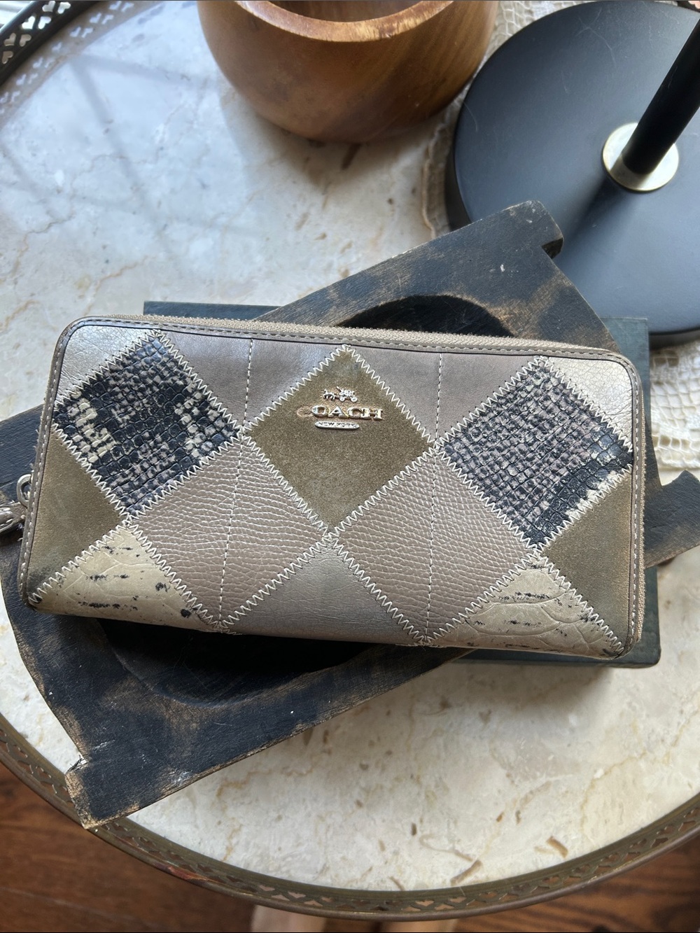 Coach Patchwork Zip Wallet in Taupe Multi